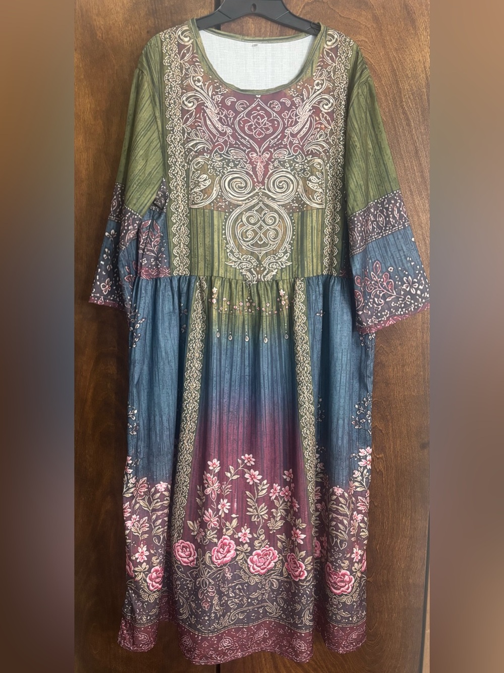Bohemian Floral Patchwork Maxi Dress in Olive, Blue & Mauve